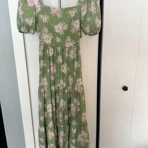 Sadie & Sage Green Floral Midi Dress with Pink Blossoms
